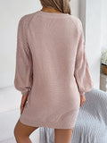 Women Solid Color Cable Knit Cinched Lantern Sleeve Sweater Dress
