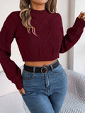 Women Casual Solid Color Cable Knit Long Sleeve Cropped Pullover