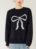 Women's Crew-Neck Knitted Pullover With Bowknot Pattern