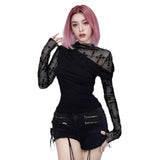 Womens Lace Bodycon Patchwork Hollow Long-Sleeve Top