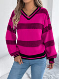 Women V-Neck Color Block Stripe Lantern Sleeve Pullover Sweater