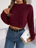 Women Casual Solid Color Cable Knit Long Sleeve Cropped Pullover