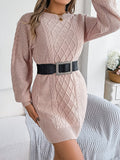 Women Solid Color Cable Knit Cinched Lantern Sleeve Sweater Dress