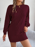 Women Solid Color Cable Knit Cinched Lantern Sleeve Sweater Dress