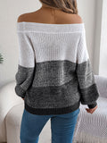 Women Casual Color Block Off-Shoulder Lantern Sleeve Pullover Sweater