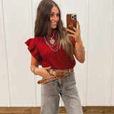 Womens Knitted Turtleneck Ruffle-Trimmed Short-Sleeve Sweater