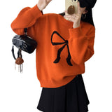 Women's Crew-Neck Knitted Pullover With Bowknot Pattern