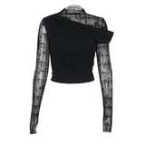Womens Lace Bodycon Patchwork Hollow Long-Sleeve Top