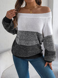 Women Casual Color Block Off-Shoulder Lantern Sleeve Pullover Sweater