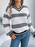 Women V-Neck Color Block Stripe Lantern Sleeve Pullover Sweater