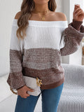 Women Casual Color Block Off-Shoulder Lantern Sleeve Pullover Sweater