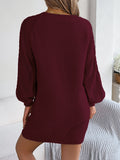 Women Solid Color Cable Knit Cinched Lantern Sleeve Sweater Dress