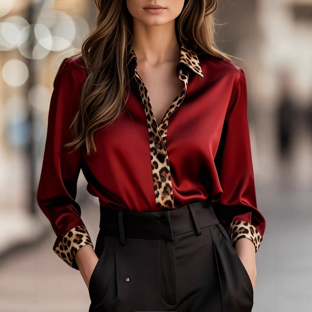 Womens Long-Sleeve Leopard-Print Crew-Neck Spliced Satin Shirt