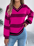 Women V-Neck Color Block Stripe Lantern Sleeve Pullover Sweater
