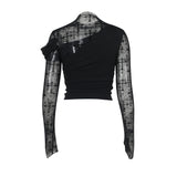 Womens Lace Bodycon Patchwork Hollow Long-Sleeve Top