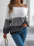 Women Casual Color Block Off-Shoulder Lantern Sleeve Pullover Sweater