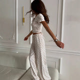 Women's Casual Short-Sleeve Tie-Dye Printed Top And Fashionable Ruffle-Trimmed Pants Set