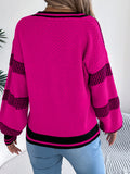 Women V-Neck Color Block Stripe Lantern Sleeve Pullover Sweater