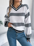 Women V-Neck Color Block Stripe Lantern Sleeve Pullover Sweater