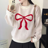 Women's Crew-Neck Knitted Pullover With Bowknot Pattern