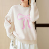 Women's Crew-Neck Knitted Pullover With Bowknot Pattern