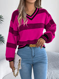 Women V-Neck Color Block Stripe Lantern Sleeve Pullover Sweater