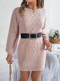 Women Solid Color Cable Knit Cinched Lantern Sleeve Sweater Dress