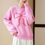 Women's Crew-Neck Knitted Pullover With Bowknot Pattern