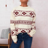 Holiday Christmas Sweater With Snowflake Jacquard Contrasting Colors And Crew Neck
