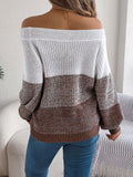 Women Casual Color Block Off-Shoulder Lantern Sleeve Pullover Sweater