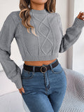 Women Casual Solid Color Cable Knit Long Sleeve Cropped Pullover