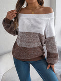 Women Casual Color Block Off-Shoulder Lantern Sleeve Pullover Sweater