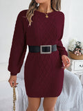Women Solid Color Cable Knit Cinched Lantern Sleeve Sweater Dress