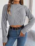 Women Casual Solid Color Cable Knit Long Sleeve Cropped Pullover