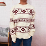 Holiday Christmas Sweater With Snowflake Jacquard Contrasting Colors And Crew Neck