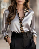 Womens Long-Sleeve Leopard-Print Crew-Neck Spliced Satin Shirt