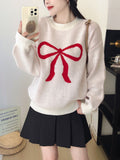 Women's Crew-Neck Knitted Pullover With Bowknot Pattern