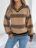 Women V-Neck Color Block Stripe Lantern Sleeve Pullover Sweater