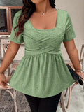 Solid-color Square-neck Front-cross-strap Short-sleeve Casual T-shirt