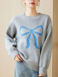 Women's Crew-Neck Knitted Pullover With Bowknot Pattern