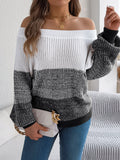 Women Casual Color Block Off-Shoulder Lantern Sleeve Pullover Sweater
