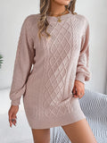 Women Solid Color Cable Knit Cinched Lantern Sleeve Sweater Dress