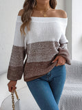 Women Casual Color Block Off-Shoulder Lantern Sleeve Pullover Sweater