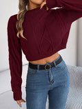 Women Casual Solid Color Cable Knit Long Sleeve Cropped Pullover