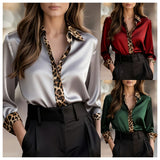 Womens Long-Sleeve Leopard-Print Crew-Neck Spliced Satin Shirt