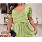 Solid-color Square-neck Front-cross-strap Short-sleeve Casual T-shirt
