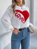 Women Casual Color Block Heart LOVE Long Sleeve Pullover Sweater