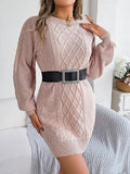 Women Solid Color Cable Knit Cinched Lantern Sleeve Sweater Dress